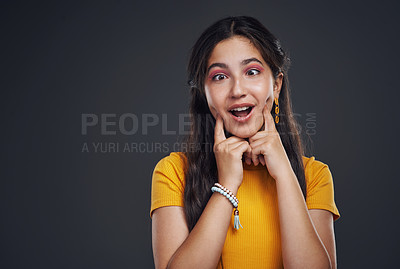 Buy stock photo Funny, makeup or girl in studio with silly face, good mood and confidence, playful or quirky personality on black background. Hands, cheek or teenage model with cmic, joke or humor, cosmetics or glow