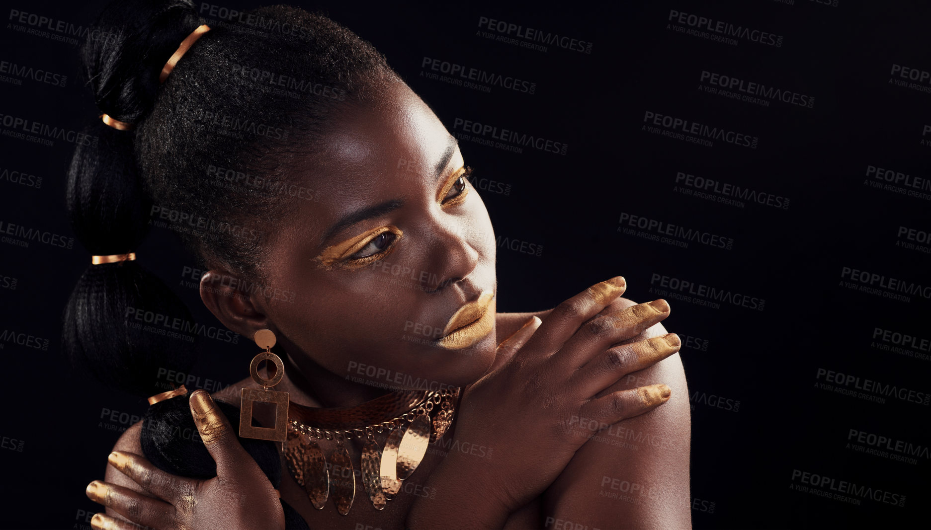 Buy stock photo Beauty, glitter and black woman in studio for makeup, art and confidence on black background. Face, creative and African female model pose with jewelry for wealth, royal and luxury gold aesthetic