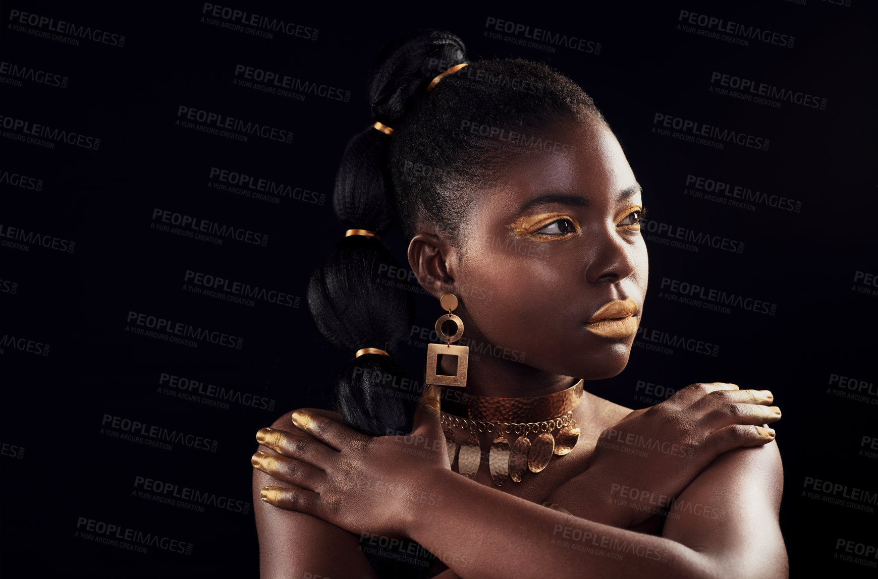 Buy stock photo Glitter, makeup and black woman in studio for beauty, luxury and skincare on black background, Gold, art and African female model with wealth, glow and jewellery, elegance and posing royal aesthetic