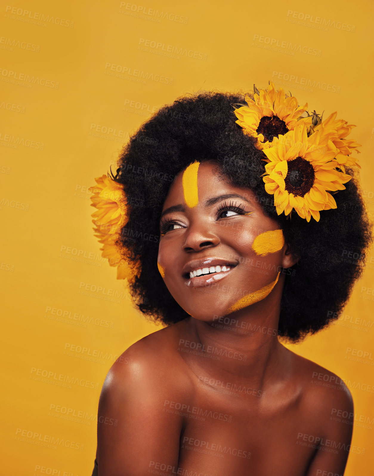 Buy stock photo Black woman, studio and sunflower with natural skincare for vitamin e, dermatology or soft skin. Floral glow, confidence and person with plant for organic, cosmetics or treatment on yellow background