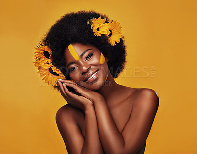 Buy stock photo Natural, hair and sunflower with portrait of black woman in studio for beauty, creative or spring. Makeup, cosmetic and floral with face of model on yellow background for art, self love or confidence
