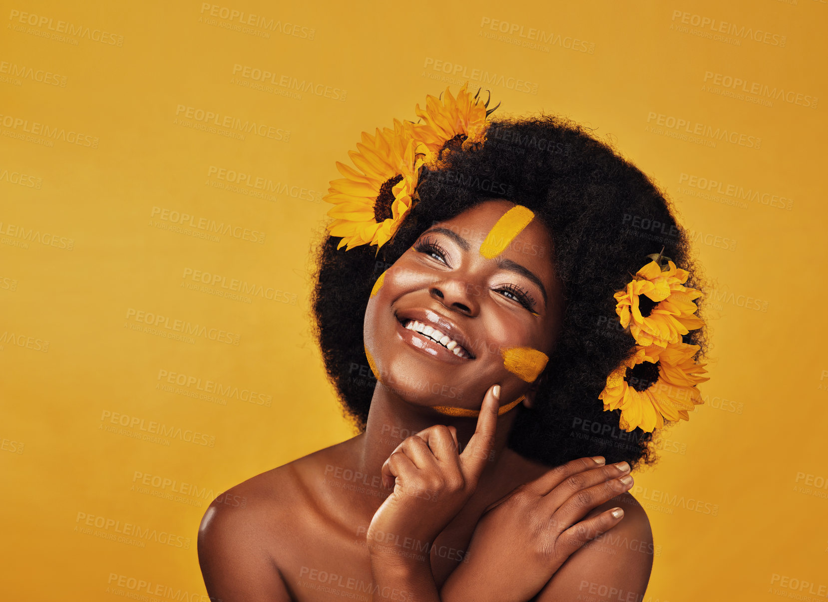 Buy stock photo Thinking, beauty and happy black woman with sunflower in studio for makeup or wellness on yellow background. Flower, skincare and African lady model smile, relax or contemplate eco friendly treatment