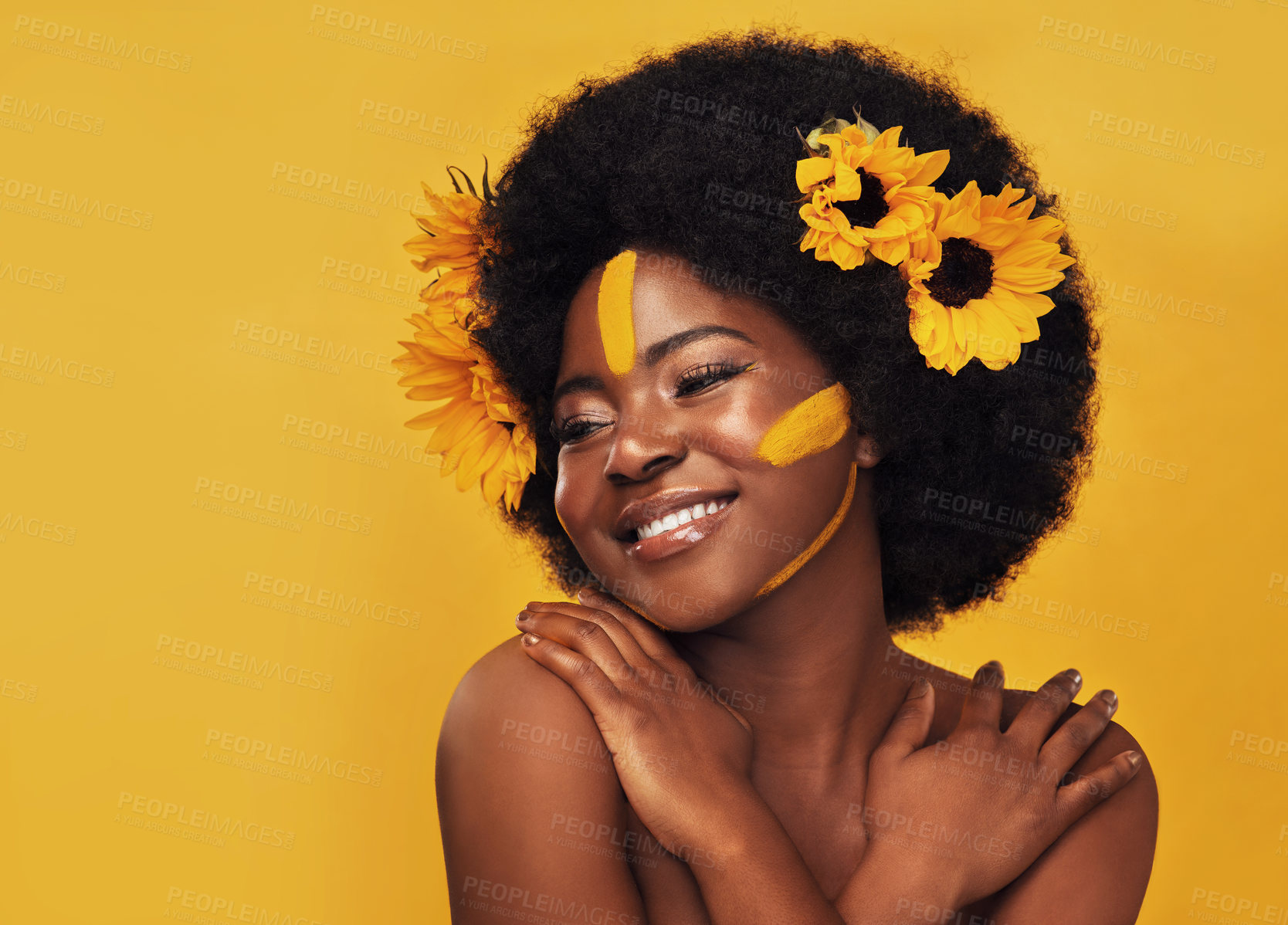Buy stock photo Black woman, studio and nature sunflowers for spring, natural skincare and rest with African model and afro. Selfcare, wellness for beauty with organic cosmetics, dermatology on yellow background