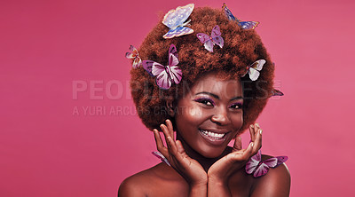 Buy stock photo Beauty, portrait and black woman with butterflies in studio with creative, art and fantasy. Cosmetics, smile and face of female model from Nigeria with insects for cosmetology by pink background.