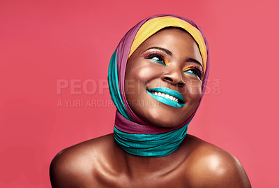 Buy stock photo Makeup, beauty and scarf and happy with black woman in studio for creative, art and culture. Fashion, cosmetics and wrap with face of model isolated on pink background for african and color mockup