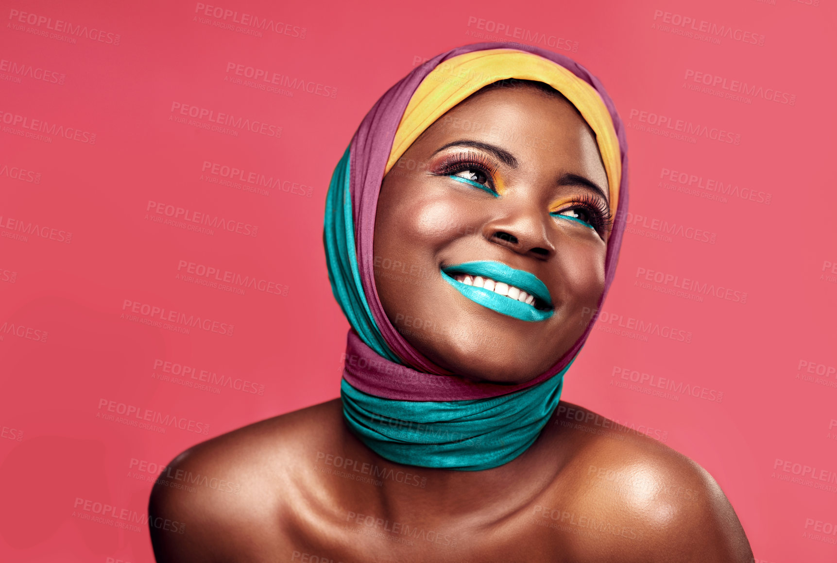 Buy stock photo Makeup, beauty and scarf and happy with black woman in studio for creative, art and culture. Fashion, cosmetics and wrap with face of model isolated on pink background for african and color mockup