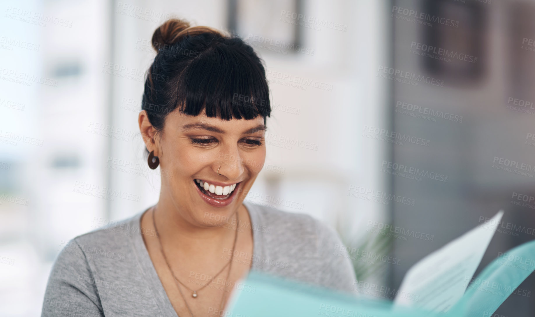 Buy stock photo Woman, reading and happy with folder in office for planning, review or contract for deal at startup. Person, small business and paperwork for decision, feedback or report at creative agency in Mexico