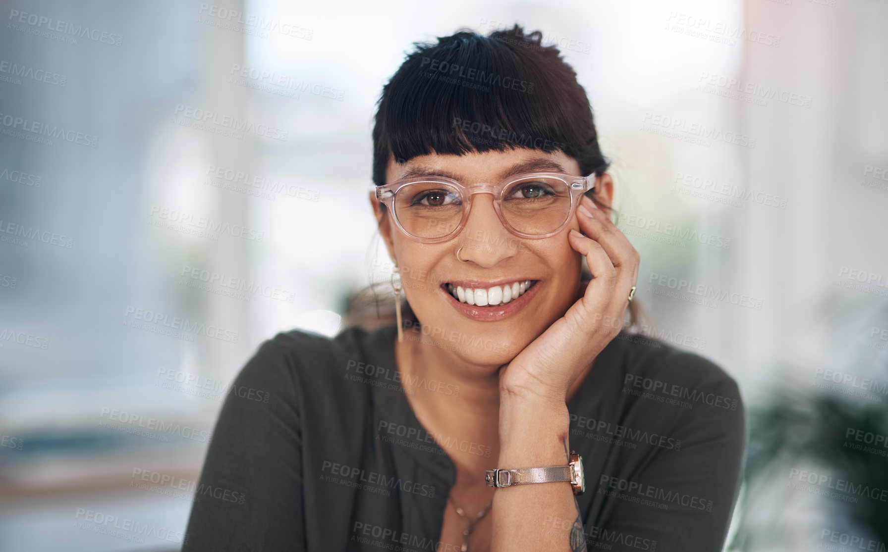 Buy stock photo Business woman, face and hand by chin in office for relax, company and work with confident smile. Entrepreneur, happy and glasses in workplace for creative agency, startup and job as event planning