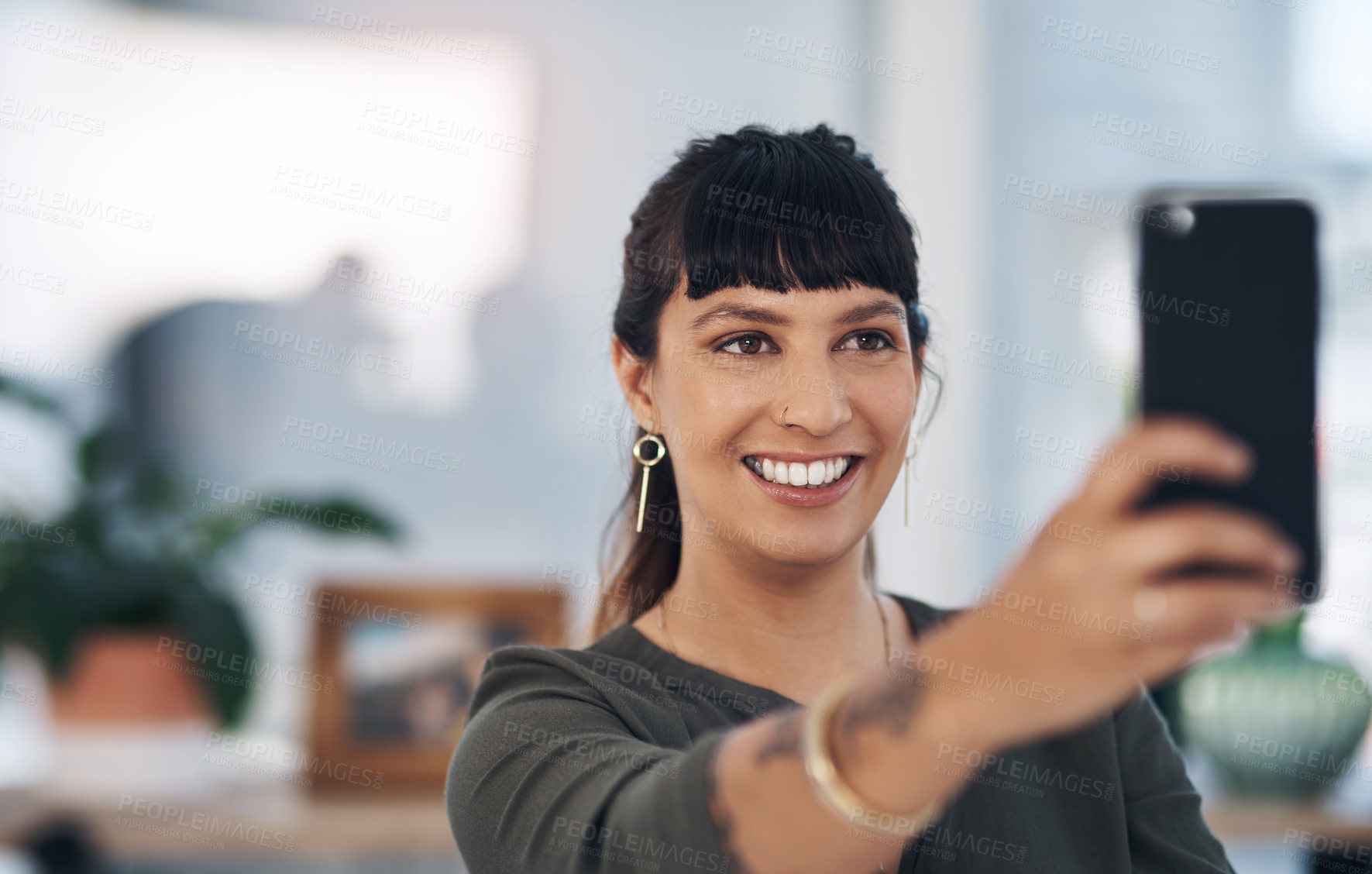 Buy stock photo Happy, selfie and business woman in office on break for social media, online post and update profile. Workplace, professional and person take picture and smile for memory, internet and company blog