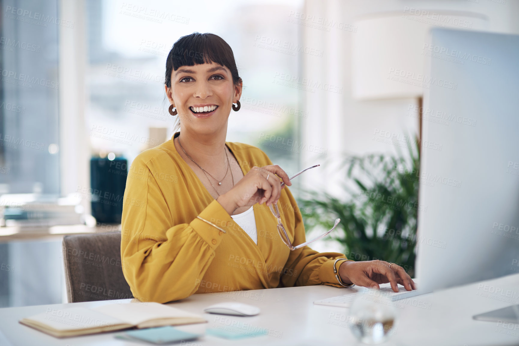 Buy stock photo Business woman, portrait and computer in office for job, company and planning with confident smile. Female person, notebook and glasses in workplace for creative agency, design as graphic designer