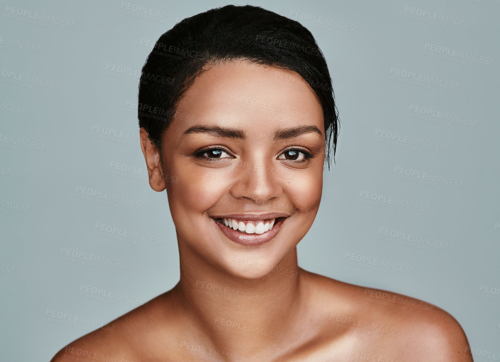 Buy stock photo Model, portrait and beauty in studio for makeup, cosmetics and confidence with facial treatment. African woman, face and happy glow for skin, cosmetology or feminine with aesthetic on gray background