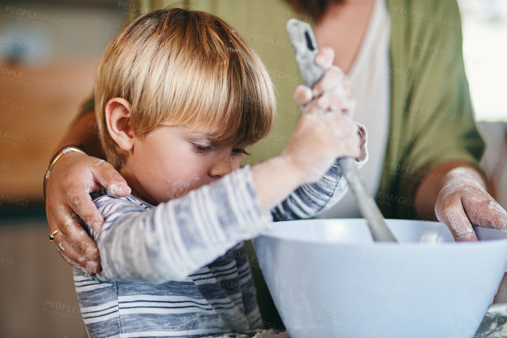 Buy stock photo Baking, help and mom in kitchen with kid for family bonding, weekend fun and learning in home. Cooking, woman and boy at counter together for growth, child development and ingredients for cookies