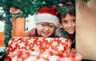 Buy stock photo Portrait of two adorable brothers playing under the Christmas tree at home