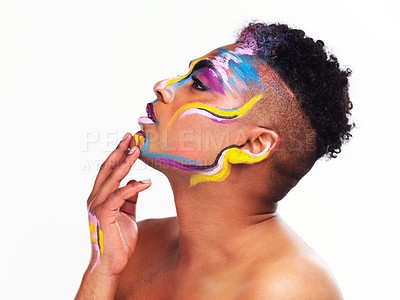 Buy stock photo Face paint, gay pride and man in studio with thinking, inspiration or cosmetics on white background. Queer male person, idea or sexuality with color for rouge, lgbt community or gender fluid identity