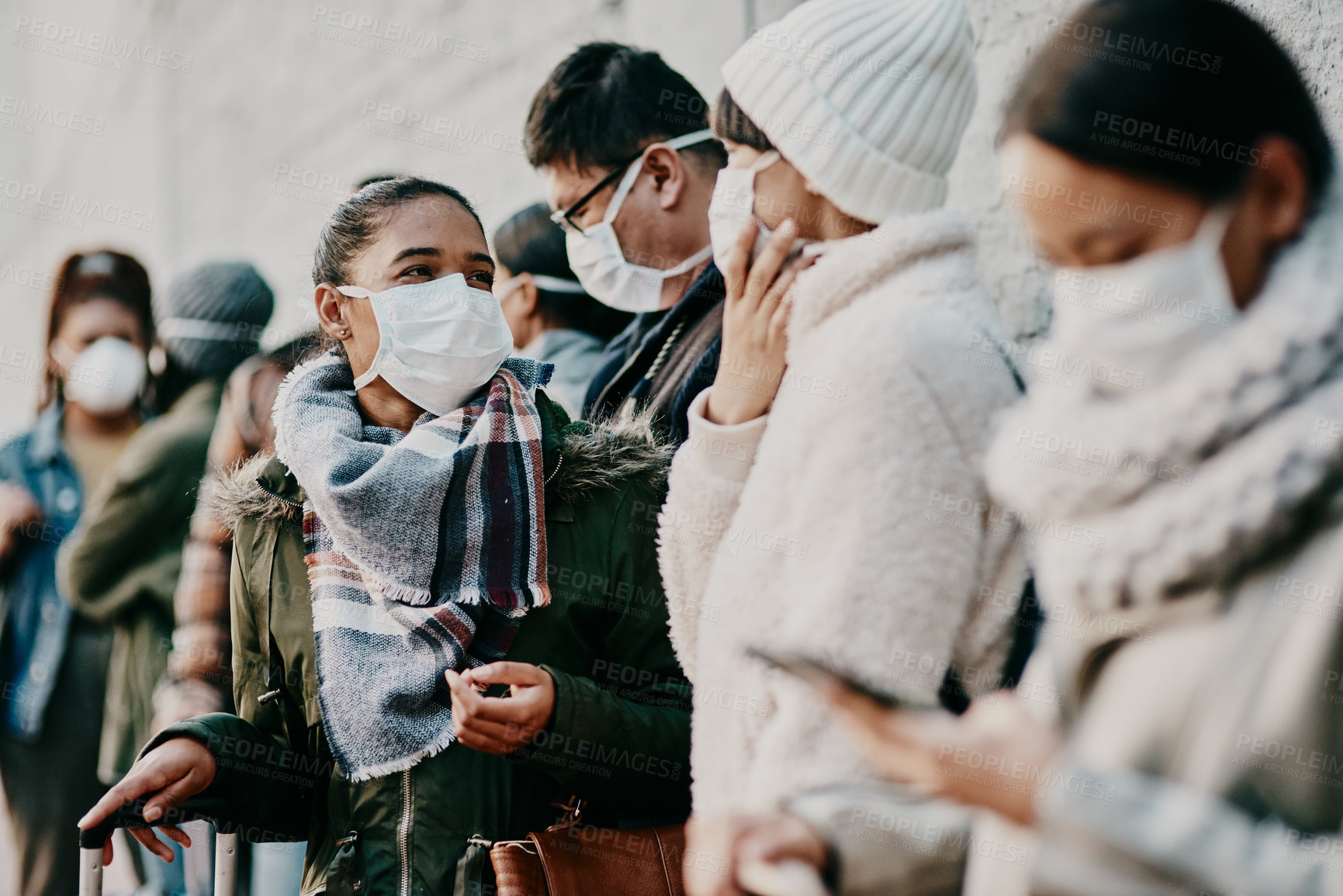 Buy stock photo Travel restriction, Covid and face mask requirement for protection. Illness and public safety problems with commute in crowd. Risk of infection with global sickness or international disease.


