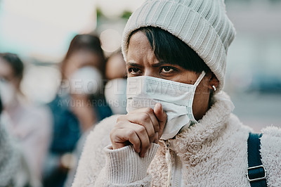 Buy stock photo Covid, sick and wearing a mask in public to be infection free. Health, wellness and tourist safety. Crowd, virus and flu protection for international or local travel and outdoors commute.