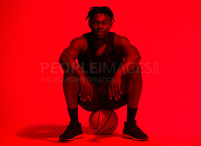 Buy stock photo Basketball, fitness and portrait with man in red filter lighting for challenge, game or performance. Break, exercise and sports with African person in studio for competition, health or recreation