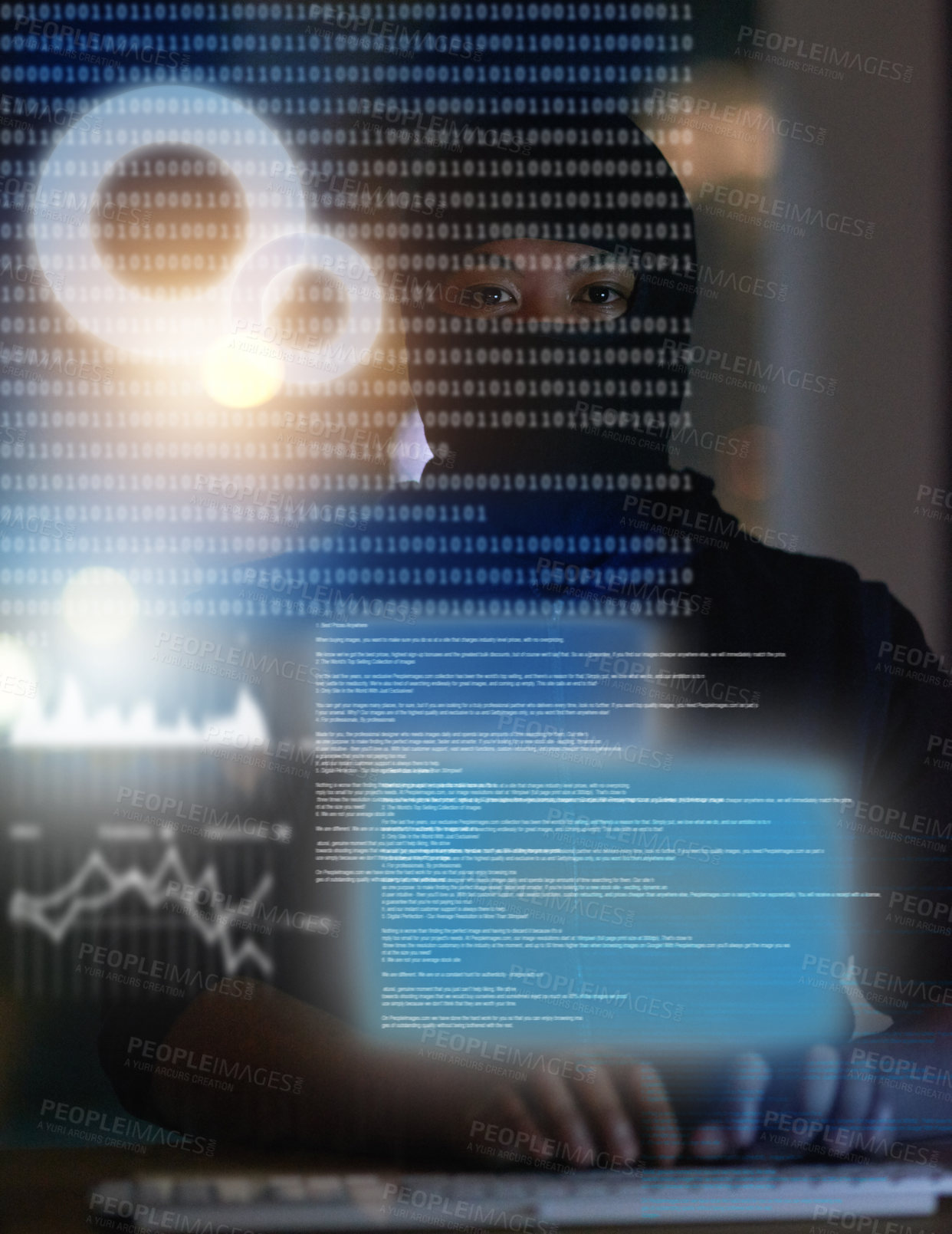 Buy stock photo Shot of a hacker cracking a computer code in the dark