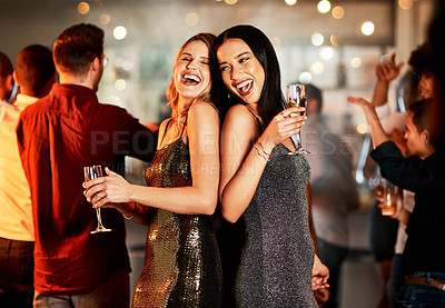 Buy stock photo Friends, new year and party celebration, drinks and happy smile with dance, music and ladies night social. Women, laugh and celebrate at a event with people, drinking alcohol and nightclub tgoether