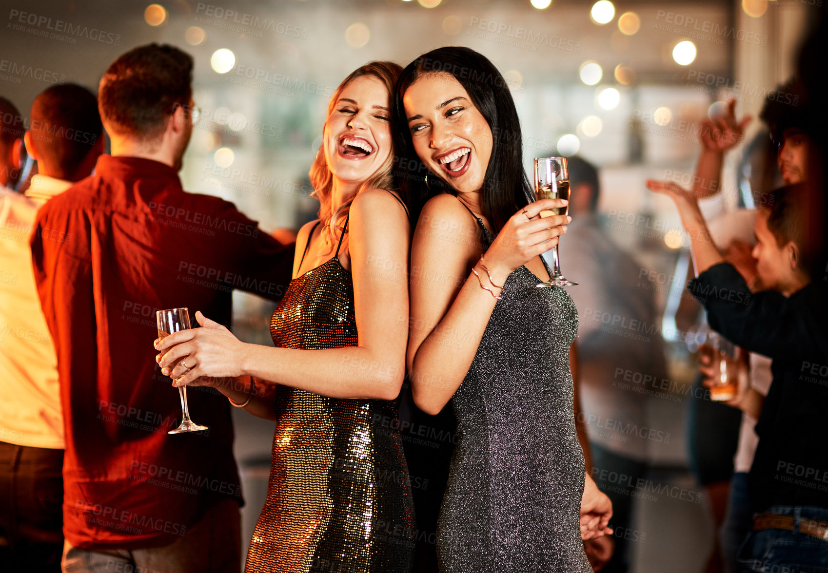 Buy stock photo Friends, new year and party celebration, drinks and happy smile with dance, music and ladies night social. Women, laugh and celebrate at a event with people, drinking alcohol and nightclub tgoether