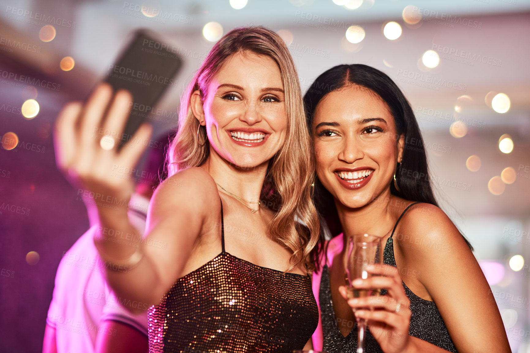 Buy stock photo Party, selfie and drinks with women happy at New Years eve celebration at social gathering. Wine, smartphone profile photo and friendship with ladies smiling in happiness at party while celebrating