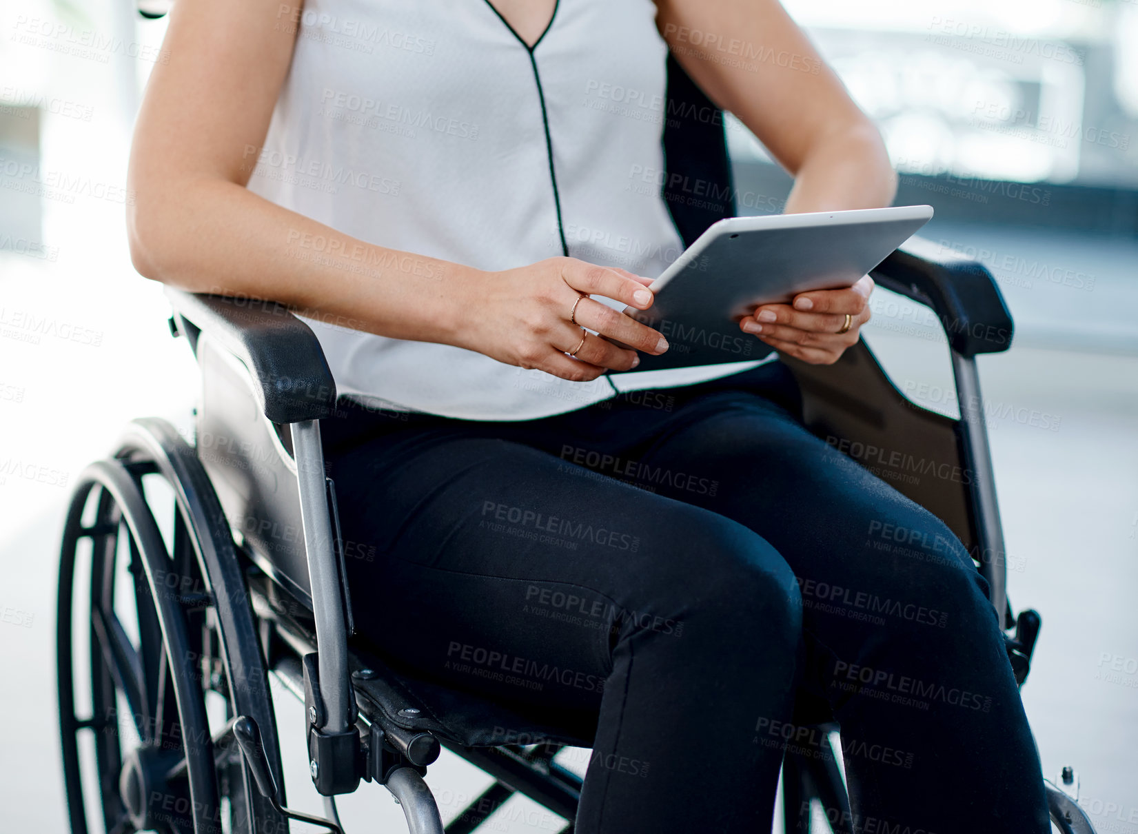 Buy stock photo Woman, wheelchair or working with tablet in office for career, lesson planning for education or curriculum. Knowledge, ebook or person with disability in school lounge, internet for study schedule