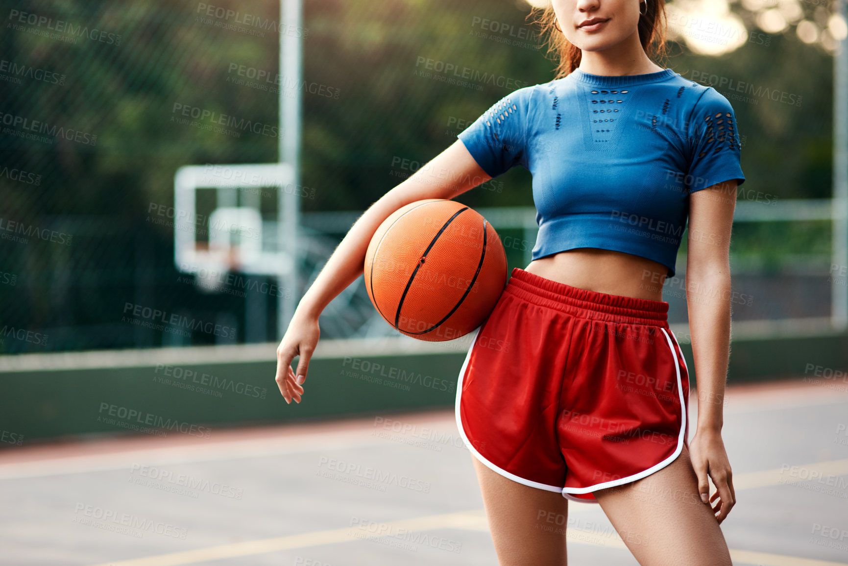 Buy stock photo Athlete, body and basketball for game, training and outdoor exercise or hobby on court. Confident woman, person and fitness for goals, sport workout and summer match for endurance or cardio health