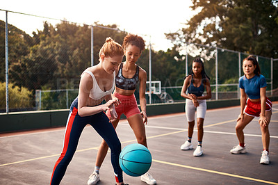 Buy stock photo Basketball court, women and sports ground for game, competition or training area with diversity. Fitness, people and arena for exercise, workout or community with playing, teamwork and performance