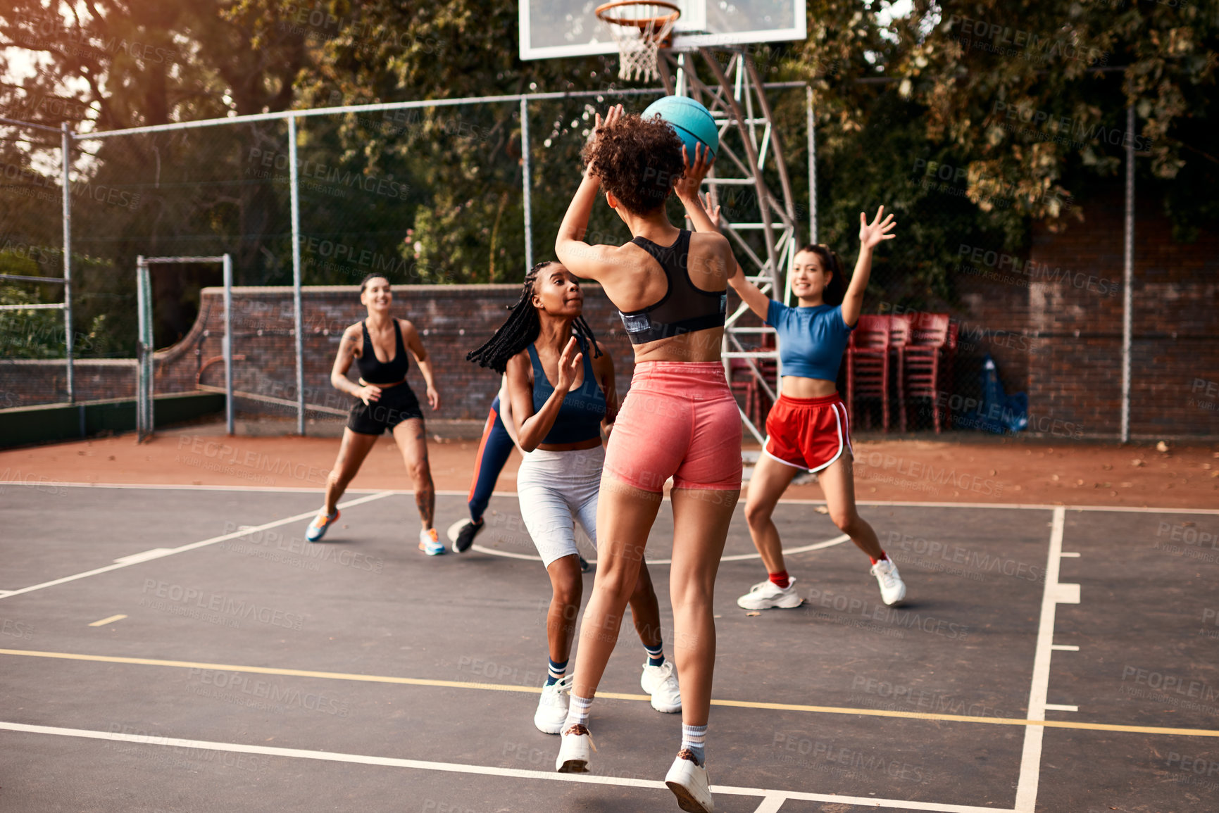 Buy stock photo Women, sports and ball on basketball player on court as athlete for challenge, cardio and training. Female people, warm up and outdoor for competition, match and game in physical activity or exercise