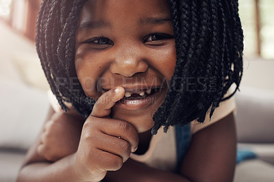 Buy stock photo Portrait of an adorable little girl playing by herself at home