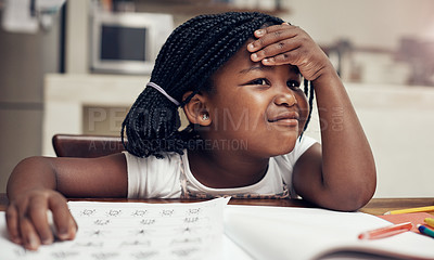 Buy stock photo Thinking, learning and African kid with book for drawing, education and homework in house. Paper, art and creative girl with idea for development, knowledge and studying sketch with color in home