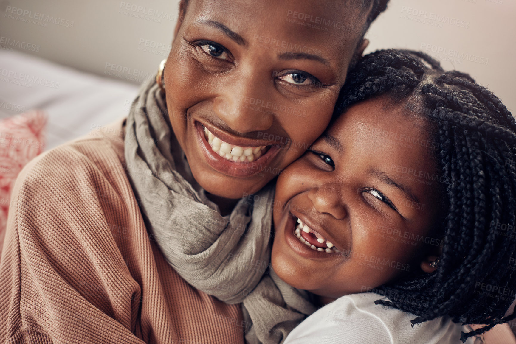 Buy stock photo Portrait of an adorable mother and daughter bonding together at home