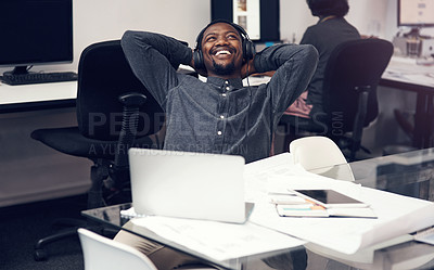 Buy stock photo Headphones, relax and black man with laptop in office listening to podcast with finished architecture project. Smile, satisfaction and African architect with computer for achievement in workplace.