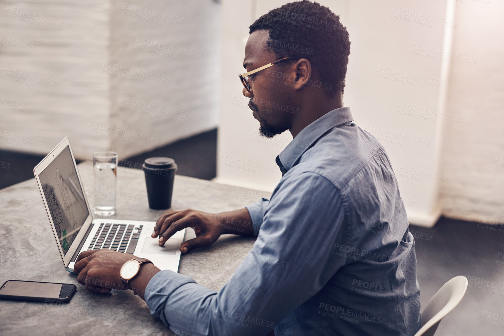 Buy stock photo Architecture, laptop and business black man in office for online design, floorplan and blueprint. Civil engineering, building and person on computer for planning, research and construction project