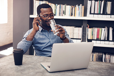 Buy stock photo Drinking water, architect and black man with computer on a call with digital information in office. Company employee, architecture worker and African male person with mobile communication and smile
