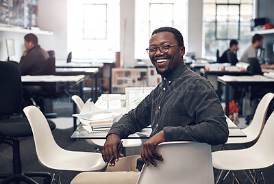 Buy stock photo African architect, man and portrait in office with smile by laptop for blueprint, planning and design with creativity. Person, happy and pride for property, real estate and project with documents