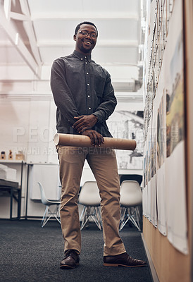 Buy stock photo Happy black man, civil engineer and portrait with blueprint in real estate construction or building project at office. Young African contractor, architectural designer and smile with industrial plan