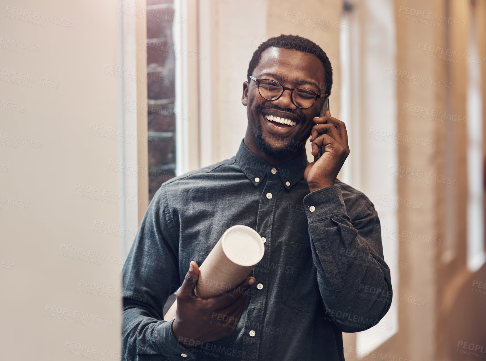 Buy stock photo Portrait, black man and phone call with blueprint in office for floor plan, communication or feedback. Contractor, smile and employee with tech at work for architecture, progress and update to client