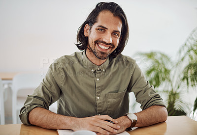 Buy stock photo Creative, project management and smile with portrait of man in office of small business for design. Confident, face and paper with happy employee at desk in workplace as illustrator or publisher