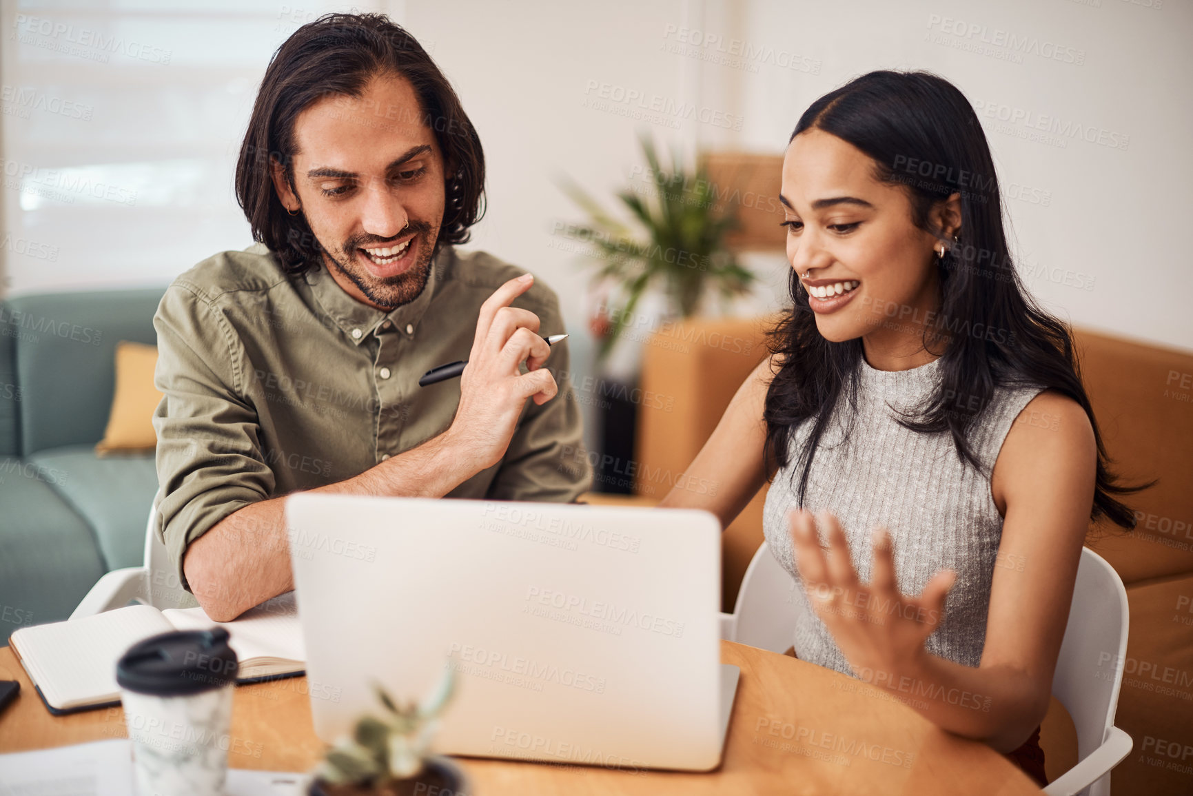 Buy stock photo Creative, laptop and discussion in office, people and smile for teamwork in design agency, online and project. UI designer, digital and collaboration of colleagues, desk and notes of brief together