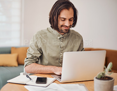 Buy stock photo Creative, laptop and smile with web developer man in office of small business for design. Notebook, phone and typing with happy employee at desk in workplace as online illustrator or publisher