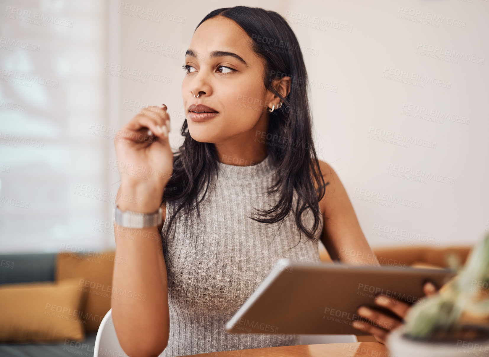 Buy stock photo Black woman, thinking and tablet in office with ideas for online startup, brainstorming and planning. African entrepreneur, tech and thoughts for app development, website reviews and funding info