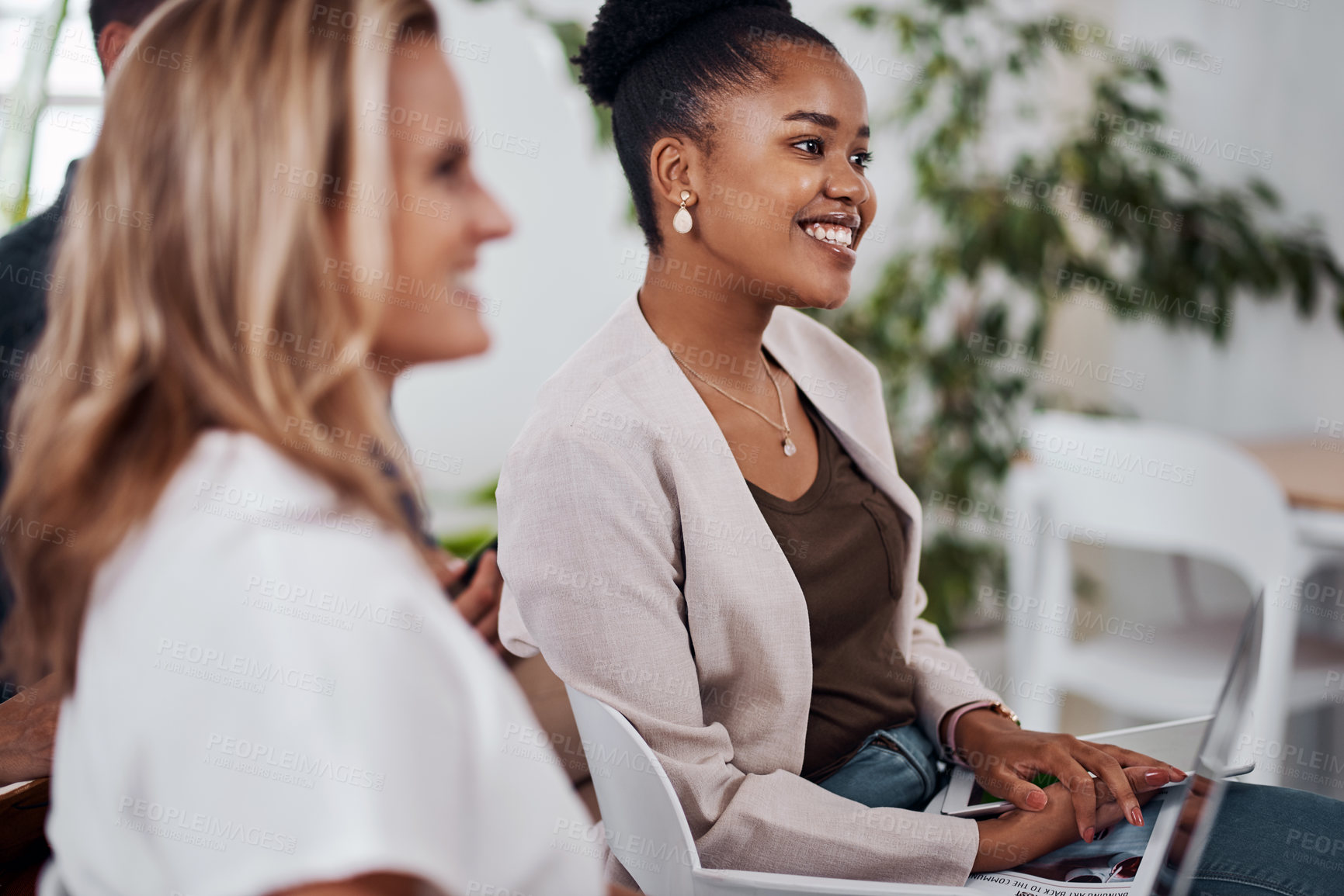 Buy stock photo Business woman, seminar and meeting with audience, happy and company workshop with staff. Working, job convention and listening to presentation with team and smile at public relations office