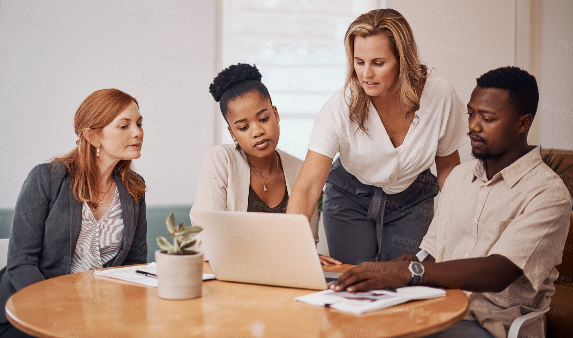 Buy stock photo Boardroom, meeting and explaining to group, laptop and UI designer in agency, online and brief in email. Communication, diversity and people with tech, reading and listen to mentor in New York