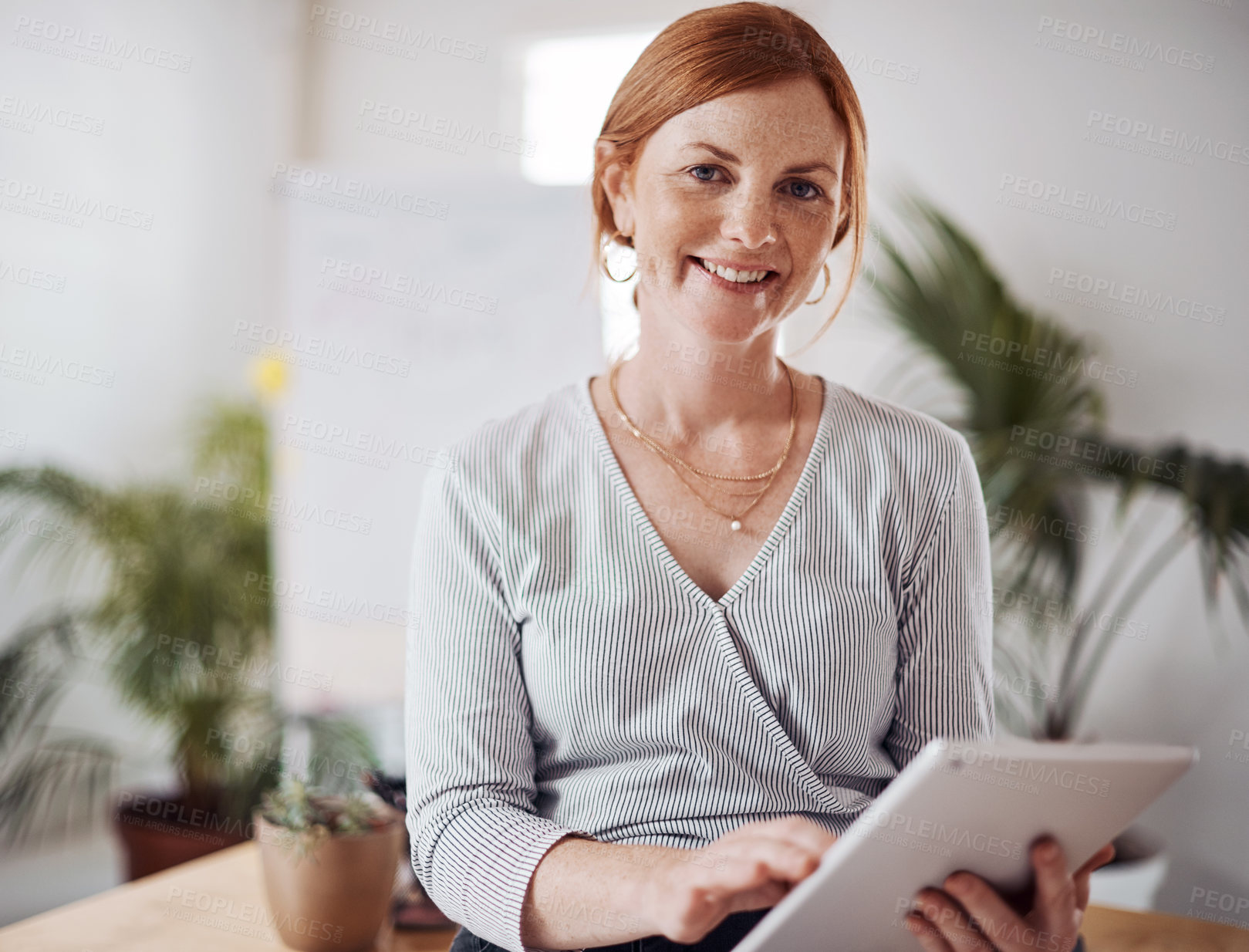 Buy stock photo Woman, happy and portrait with tablet in office, web developer with plan for business. Female entrepreneur, mobile tech and smile for research or review with online app, email marketing or project
