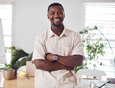 Buy stock photo Businessman, portrait and confidence in office with pride for startup, company and career as black man. Entrepreneur, happy and crossed arms with mindset for creative agency, growth and ambition