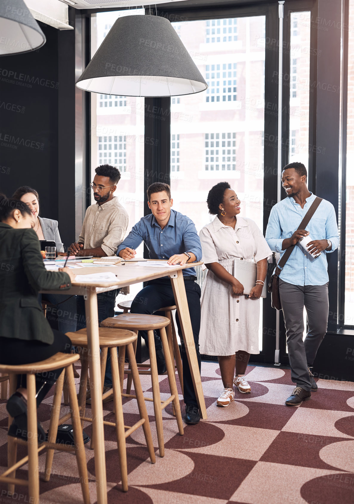 Buy stock photo Coworking, teamwork and business people in creative office for planning, brainstorming and project strategy. Diversity, communication and collaboration , working on laptop and goals in workplace