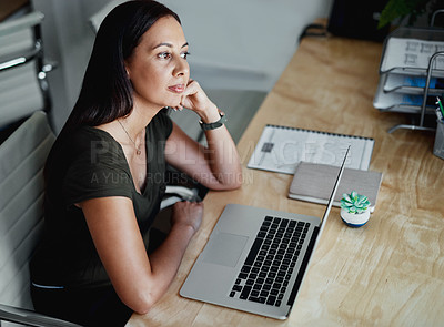 Buy stock photo Woman, thinking and laptop in office for business, account management and planning in day. Female bookkeeper, computer and idea at desk for payroll procedure, company information and problem solving