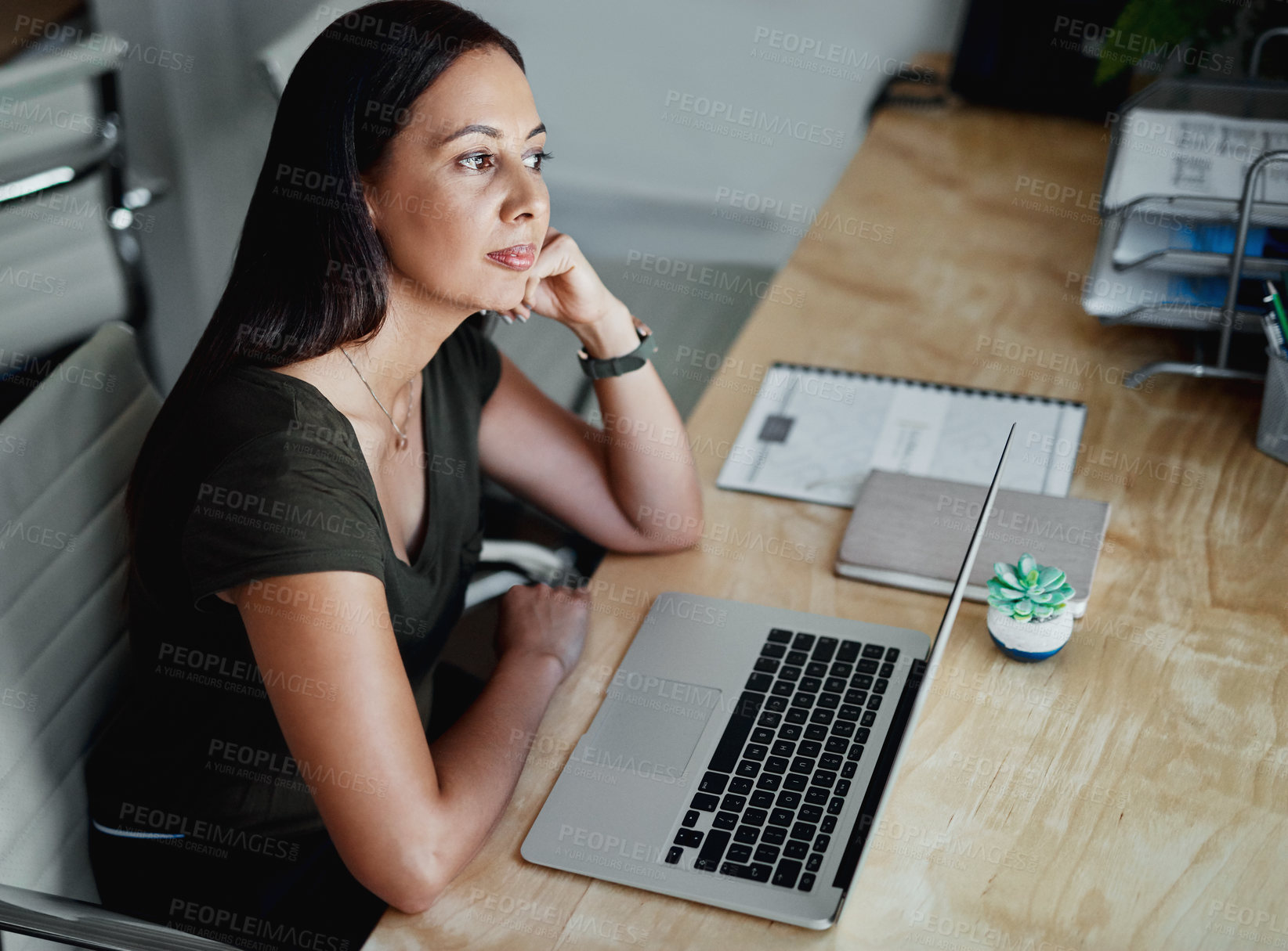 Buy stock photo Woman, thinking and laptop in office for business, account management and planning in day. Female bookkeeper, computer and idea at desk for payroll procedure, company information and problem solving