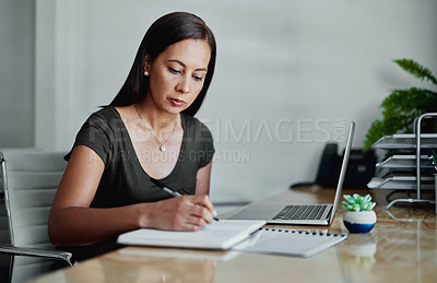 Buy stock photo Office, laptop and business woman with notebook for writing, to do list and planning for daily tasks. Workspace, computer and female journalist with journal for interview questions, topic or thinking